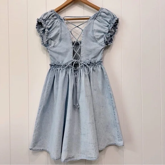 Free People Daphne Denim Babydoll Mini Dress Lace Up Back Size XS - Picture 4 of 13